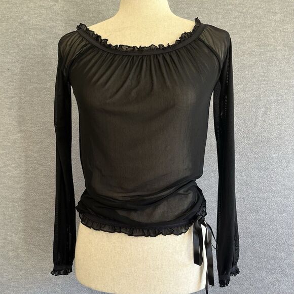 Bebe Y2K Witchy Sheer Black Ruffled Top XS Mesh Whimsigoth Dark Romantic Grunge - Picture 2 of 13